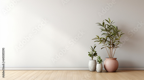 Room with empty grey wall, wooden floor with plant. Bright room interior mockup. Empty room for mockup. Generative AI