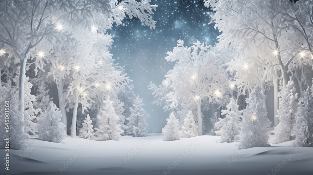 Winter white forest with snow, Christmas background, Bright color. Generative Ai