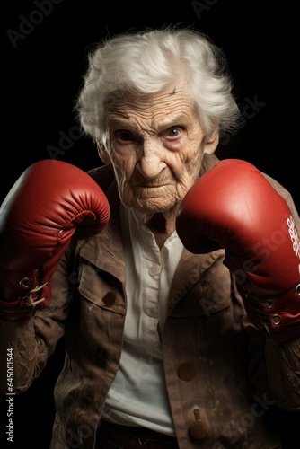 Portrait of an elderly woman with boxing gloves on a black background, ai generative © mariof