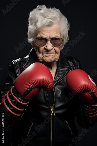 Portrait of an elderly woman with boxing gloves on a black background, ai generative © mariof