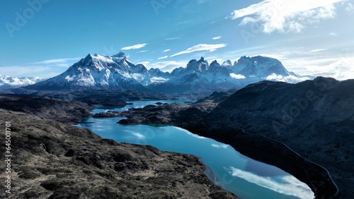 National Park Of Torres Del Paine In Puerto Natales Chile. Snowy Mountains. Glacier Landscape. Puerto Natales Chile. Winter Background. National Park At Torres Del Paine In Puerto Natales Chile.