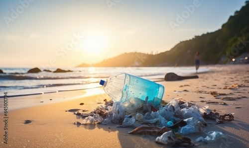 Shoreline tainted by plastic waste. Polluted beach with garbage. Created by AI