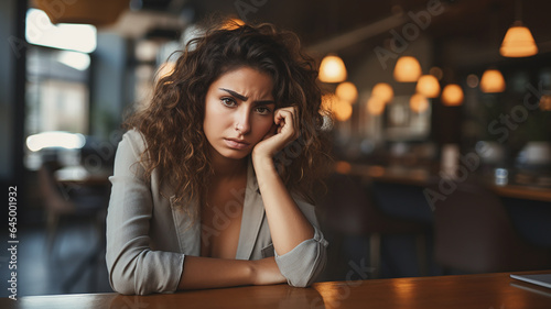 Stressed tired woman suffering from headache in front of computer. Worried female entrepreneur thinking about problems and project deadline feeling exhausted. Generative AI