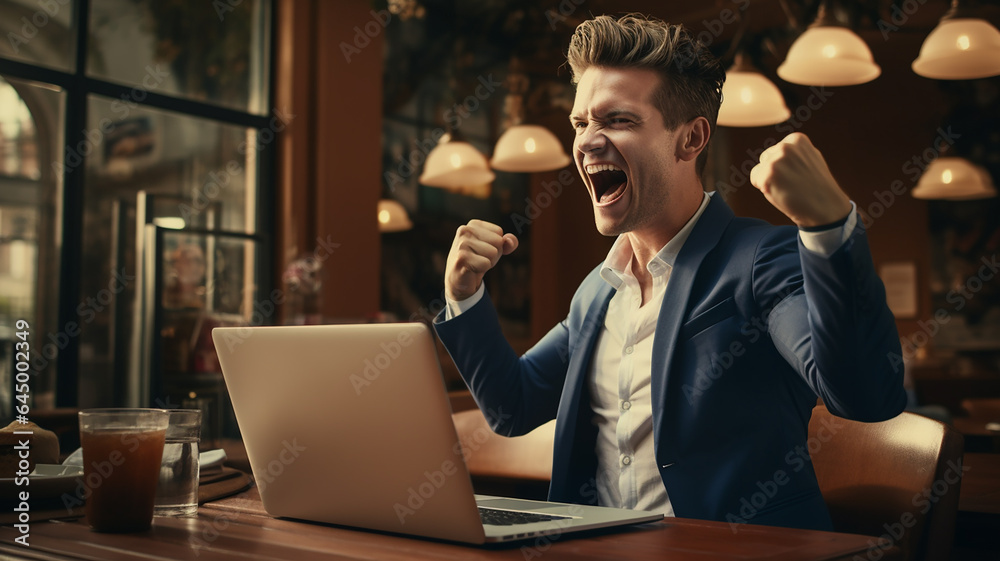 Successful entrepreneur celebrating with fist pump in front of laptop. Generative AI Successful entrepreneur celebrating with fist pump in front of laptop. Generative AI