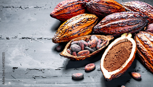cocao fruit on top of raw cocao beans copy space photo