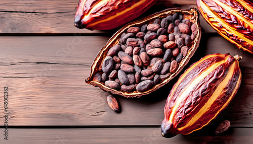 cocao fruit on top of raw cocao beans copy space photo