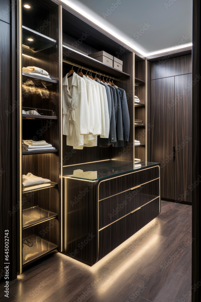 Generative AI illustration of luxurious, modern walk - in wardrobe Generative AI illustration of luxurious, modern walk - in wardrobe