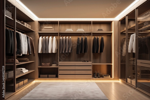 Generative AI illustration of luxurious, modern walk - in wardrobe