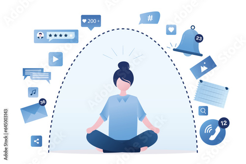 Calm woman sitting lotus yoga pose and meditating. Businesswoman turned off smart gadgets, digital detox. No using mobile phone. Freedom and protection from internet,