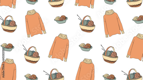 Seamless pattern with the image of a knitted sweater and balls of thread. Vector illustration