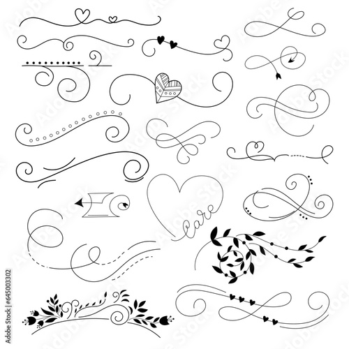 Hand drawn decorative set of line art elements. Boho arrows, heart, elegant text dividers, flourish with leaves.