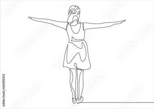 Continuous line art or One Line Drawing of a woman stretching arms is relaxing picture vector illustration