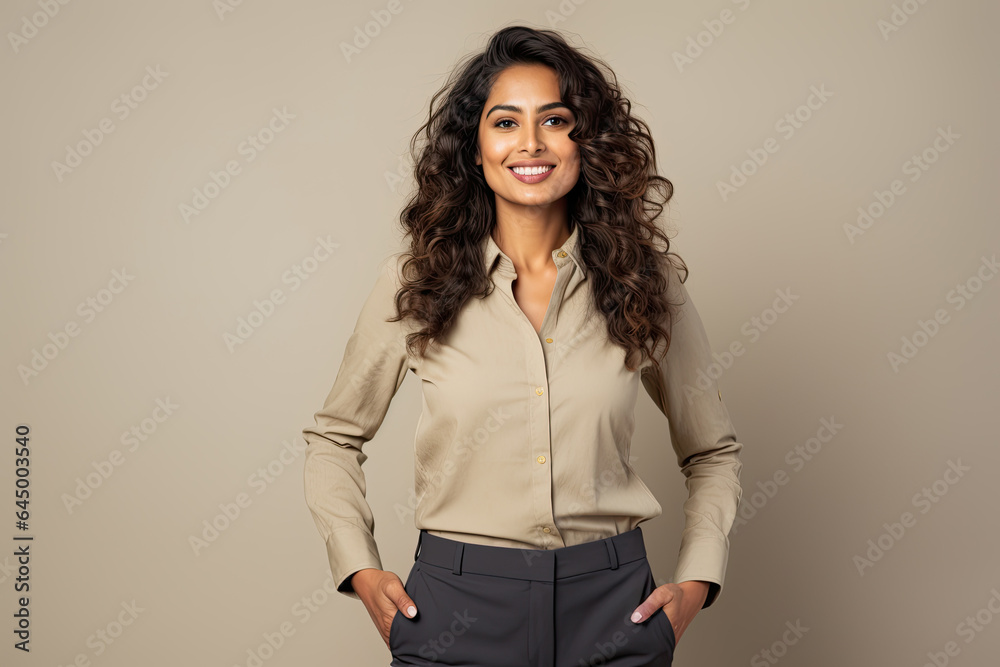 Portrait of a successful smiling Indian businesswoman with long dark hair, casually dressed, on a grey background Portrait of a successful smiling Indian businesswoman with long dark hair, casually dressed, on a grey background