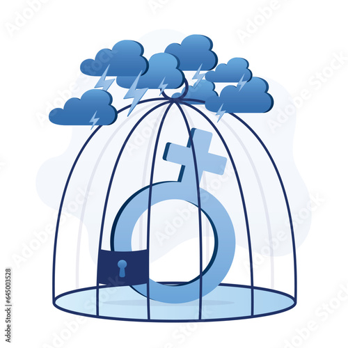 Female sex symbol in a cage. Inequality, human rights issue. Gender gap, sexism. Discrimination, domestic violence. Clouds and rain over the prison.