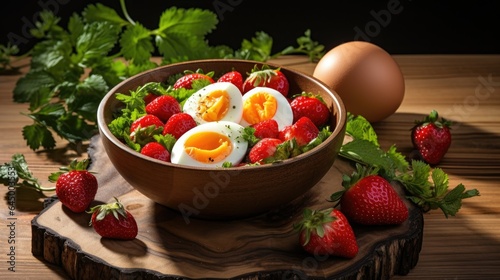 A bowl of food with eggs and strawberries on a wooden