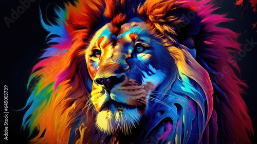 A colorful lion with a rainbow mane