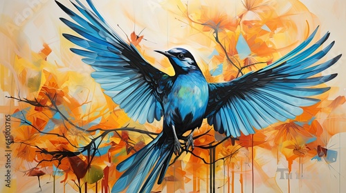 A colorful painting of a bird with a black head