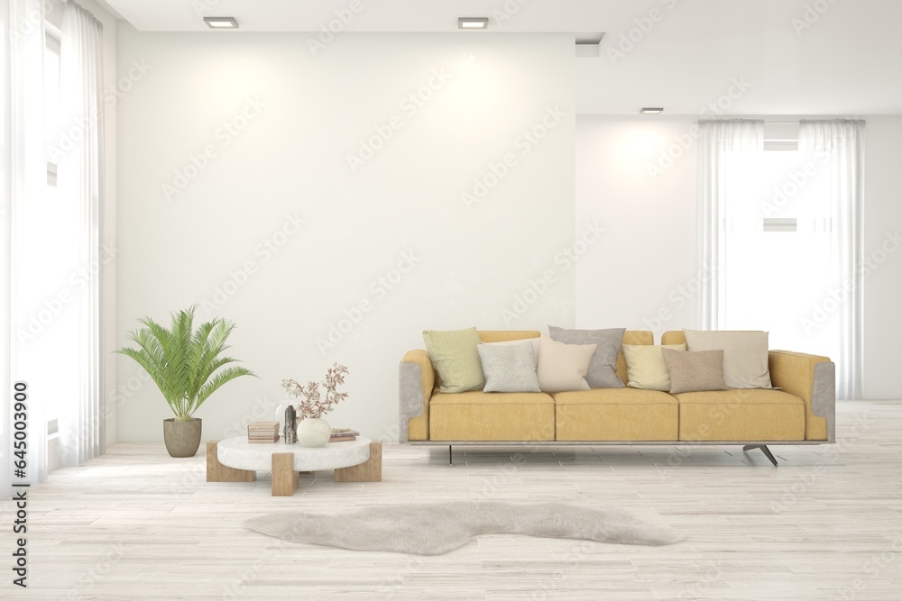Fototapeta premium White scandinavian interior design with sofa. 3D illustration