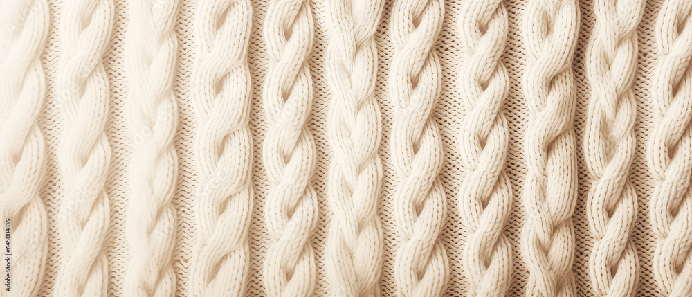 Knit texture of beige wool with pigtails. Woolen knitting, fabric background. Knitted Background. generative ai Knit texture of beige wool with pigtails. Woolen knitting, fabric background. Knitted Background. generative ai