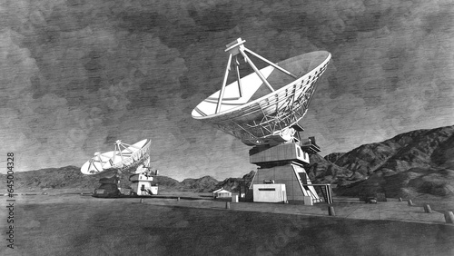 Fototapeta Naklejka Na Ścianę i Meble -  Observatory Radars Are Directed To The Sky.
Graphic Illustration On The Theme Of Science And Space, Equipment And Telecommunications.
