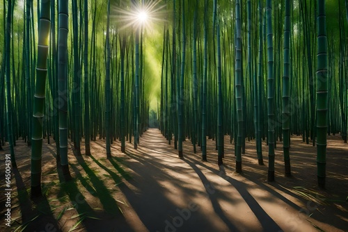 A rendered picture of a peaceful bamboo grove with sunlight filtering through the leaves.