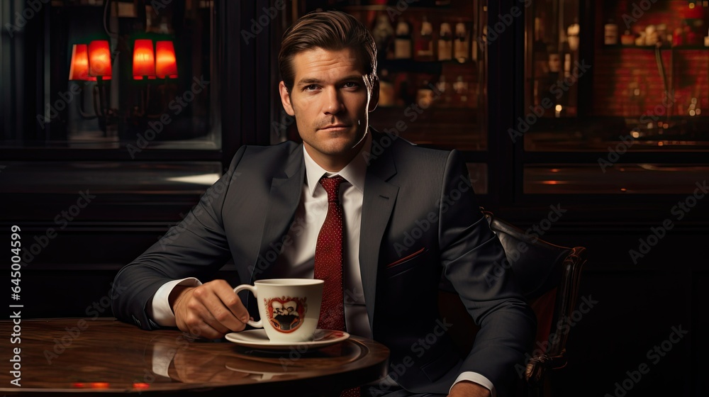 A man in a suit sits at a table with a cup of coffee