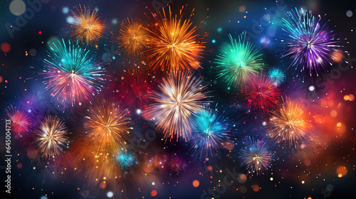 Abstract new year background with colorful fireworks and christmas lights. Generative Ai