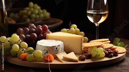 A plate of cheese grapes and cheese with a glass