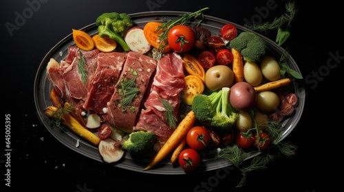 A plate of food with vegetables and meat