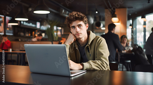 young man with glasses, freelancer or student works on a laptop in a cafe at the table. IT specialist works remotely using laptop while sitting in cafe