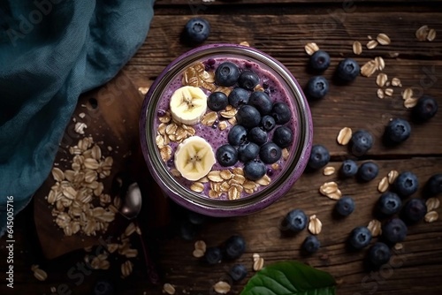 Blueberry smoothie with banana and oat flakes in jar on rustic wooden background 