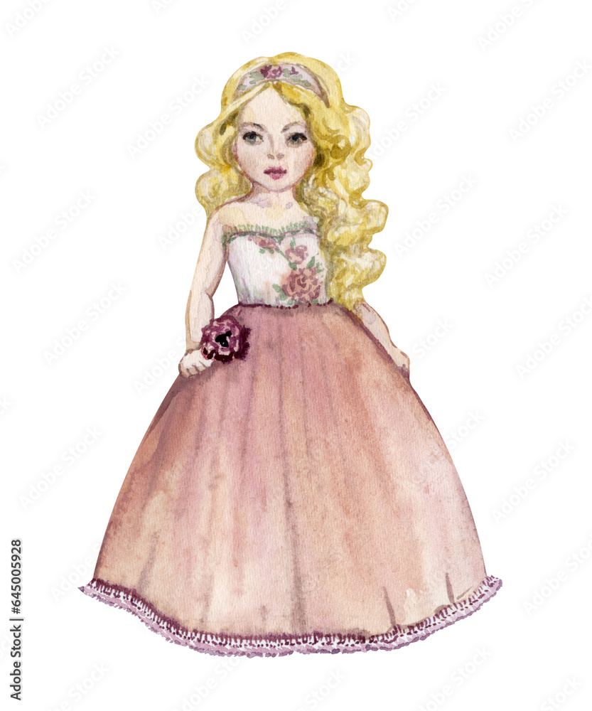 Princess on white background. Handdrawn Princess. Fantasy illustration. Fairy tale. Walercolor illustration