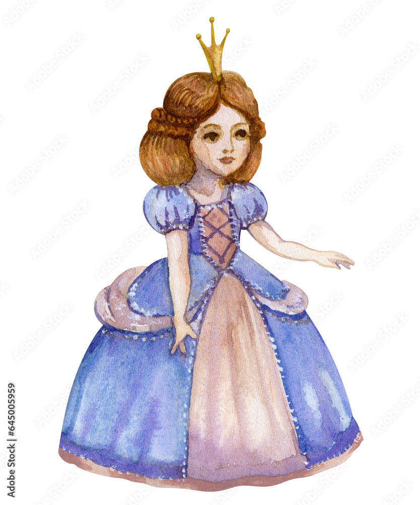 Princess on white background. Handdrawn Princess. Fantasy illustration. Fairy tale. Walercolor illustration