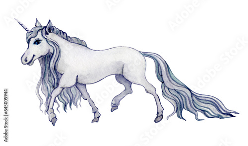 Unicoorn on white background. Unicorn dragon. Fantasy illustration. Fairy tale. Walercolor illustration