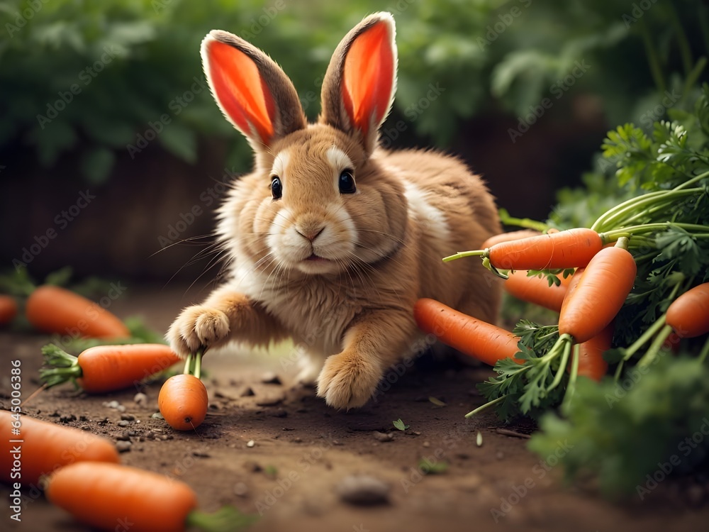 a cute rabbit is caught in the act of stealing carrots a cute rabbit is caught in the act of stealing carrots