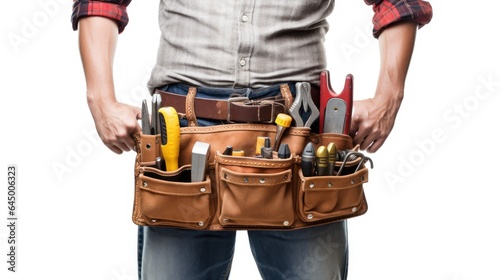 contractor  man wearing carpenter toolbelt on white photo