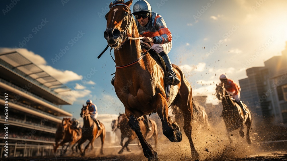 During a race, a rider competing in a derby or horse race can be seen galloping on a horse while the main stand is in the distance. - obrazy, fototapety, plakaty 