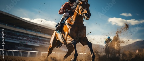 During a race, a rider competing in a derby or horse race can be seen galloping on a horse while the main stand is in the distance. © tongpatong