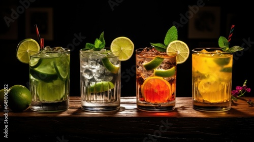 Four glasses of cocktails with limes