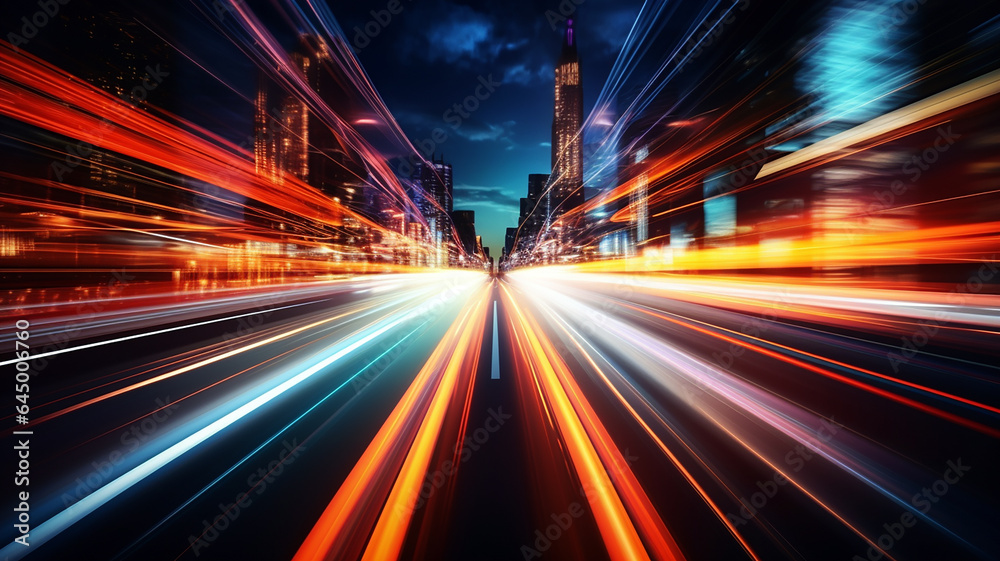 Car motion trails. Speed light streaks background with blurred fast moving light effect, Racing cars dynamic flash effects city road with long exposure night lights. Generative AI