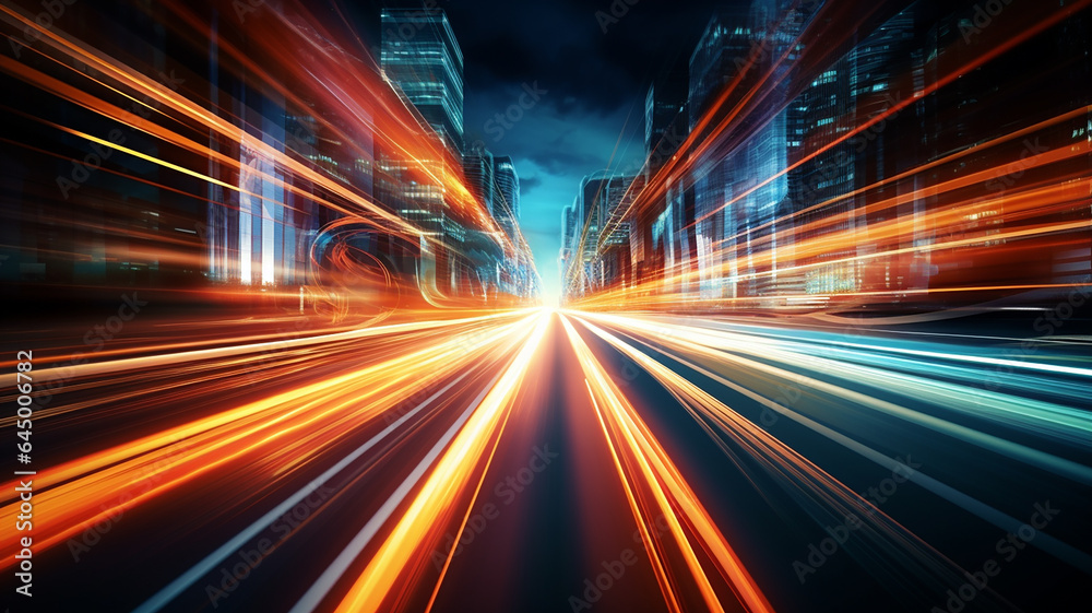 Fototapeta premium Car motion trails. Speed light streaks background with blurred fast moving light effect, Racing cars dynamic flash effects city road with long exposure night lights. Generative AI