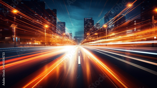 Car motion trails. Speed light streaks background with blurred fast moving light effect  Racing cars dynamic flash effects city road with long exposure night lights. Generative AI