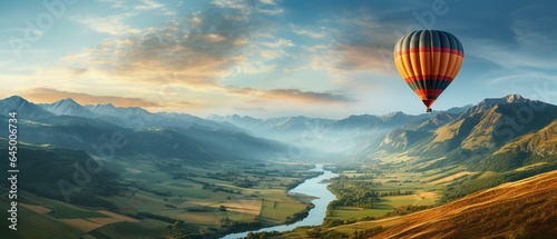 attractive inspirational scenery with a hot air balloon in the sky, vacation spot.