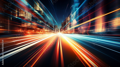 Car motion trails. Speed light streaks background with blurred fast moving light effect, Racing cars dynamic flash effects city road with long exposure night lights. Generative AI © Ibnu