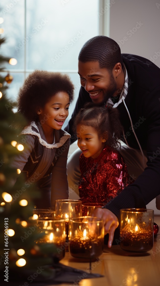Father and children decorating their Christmas tree. AI Generated. Father and children decorating their Christmas tree. AI Generated.