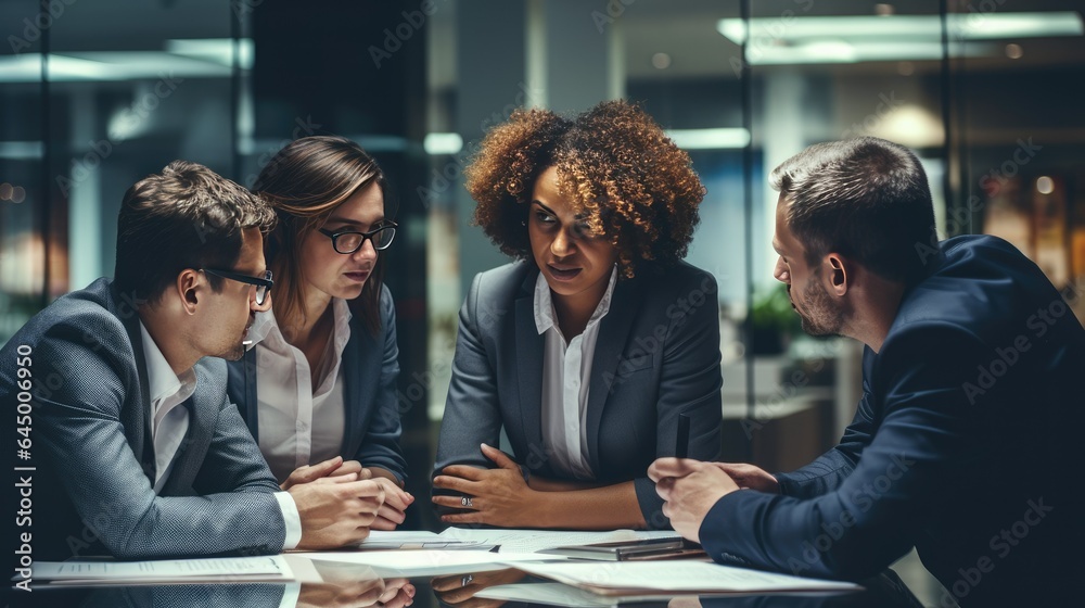 group of business people discussing problems - obrazy, fototapety, plakaty 
