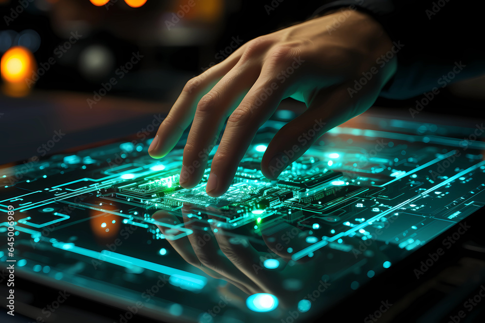 Naklejka premium Concept of control system, internet, cyber security. Hand on glowing display