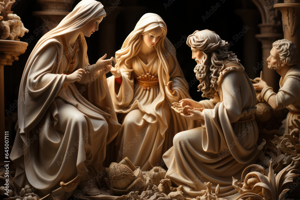 Nativity Scene. Intricately crafted nativity scene with figurines depicting the birth of Jesus, symbolizing the religious significance of Christmas. Generative AI.