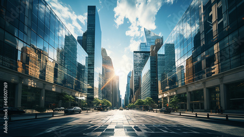 Reflective skyscrapers, business office buildings. low angle view of skyscrapers in city, sunny day. Business wallpaper with modern high-rises with mirrored windows. Generative AI