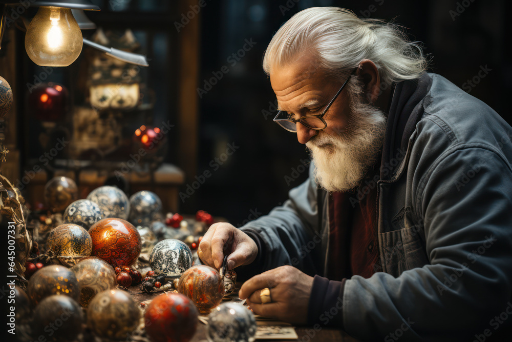Ornament Crafting. Person painting and decorating ornaments at a crafting table, showcasing the creative side of holiday preparations. Generative AI. Ornament Crafting. Person painting and decorating ornaments at a crafting table, showcasing the creative side of holiday preparations. Generative AI.